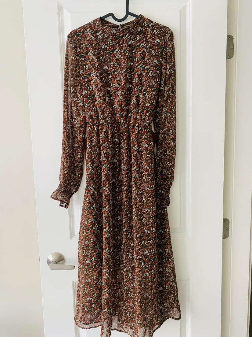 Floral Print Long Sleeve Midi Dress with Belt - photo 5