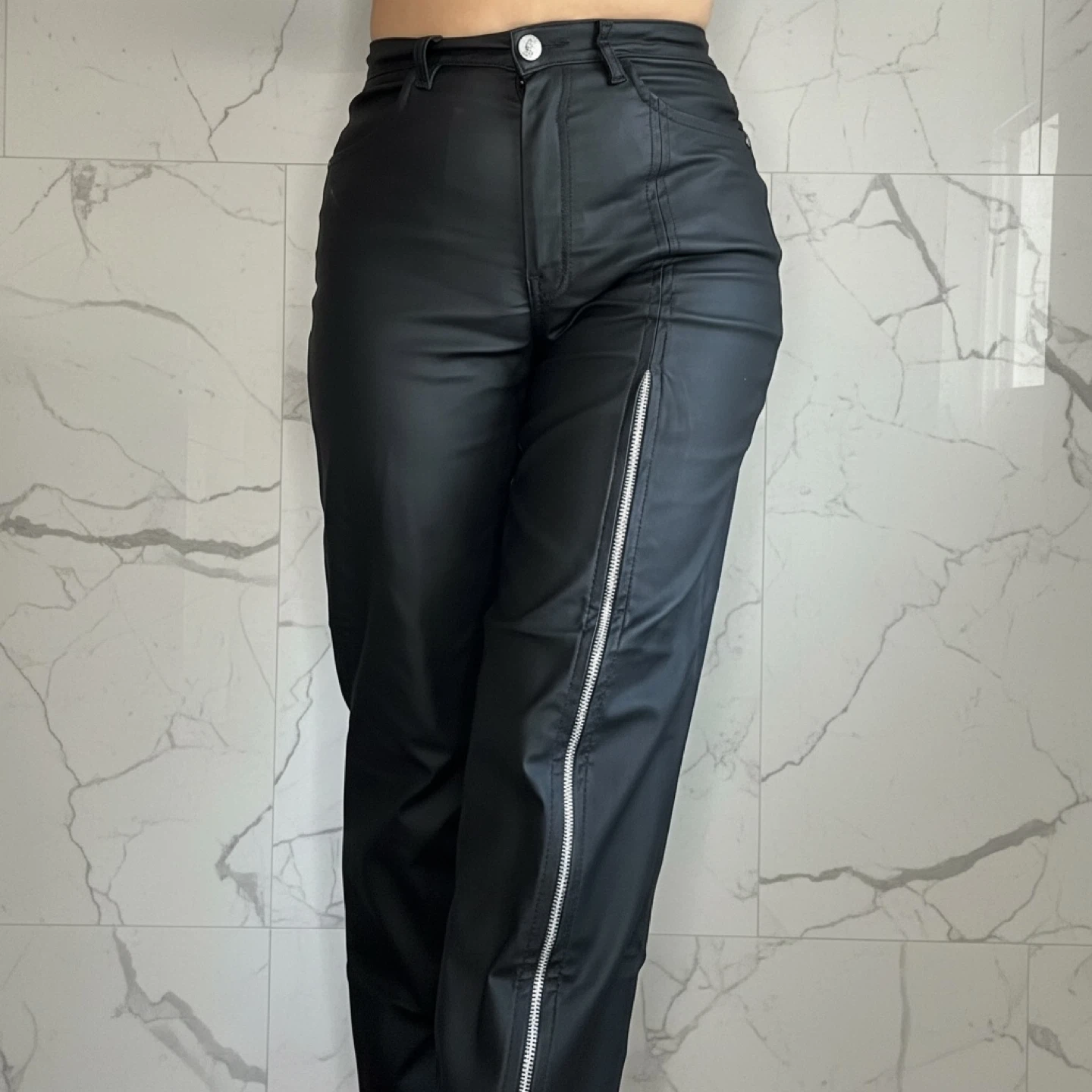 Faux leather pants with side zip detail