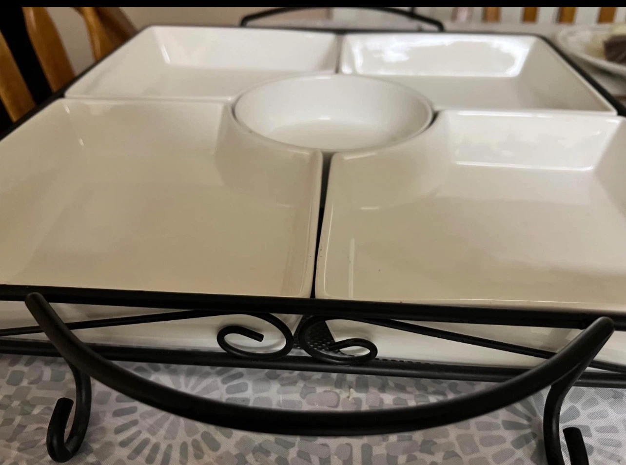 White Ceramic Divided Serving Platter with Metal Stand