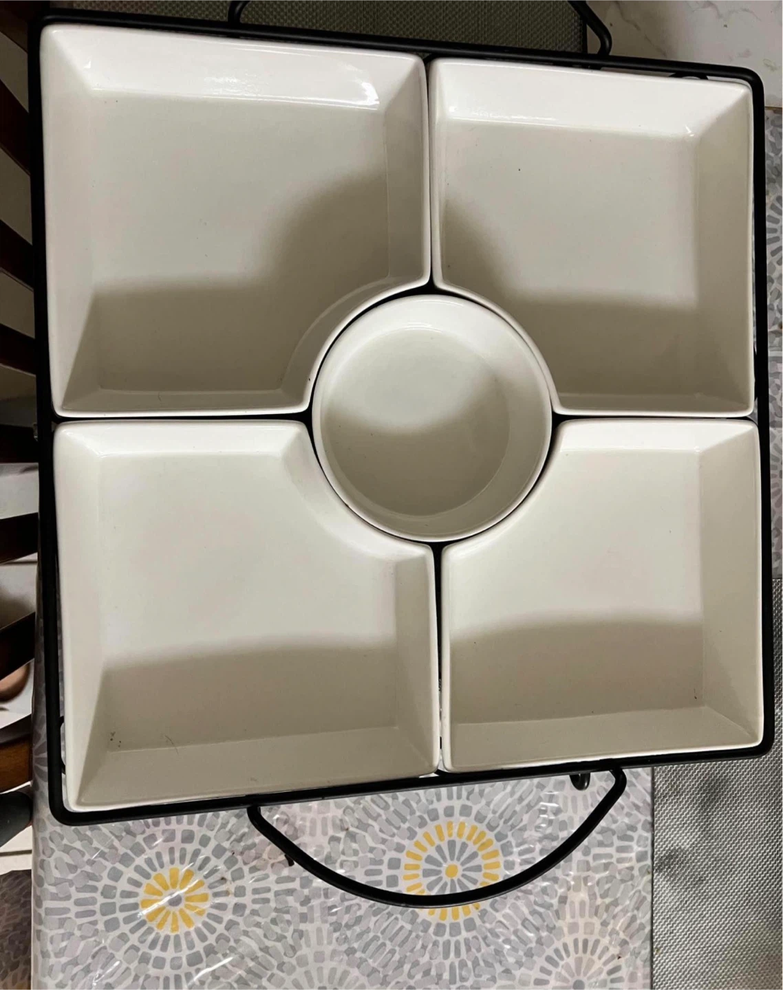 White Ceramic Divided Serving Platter with Metal Stand - photo 2