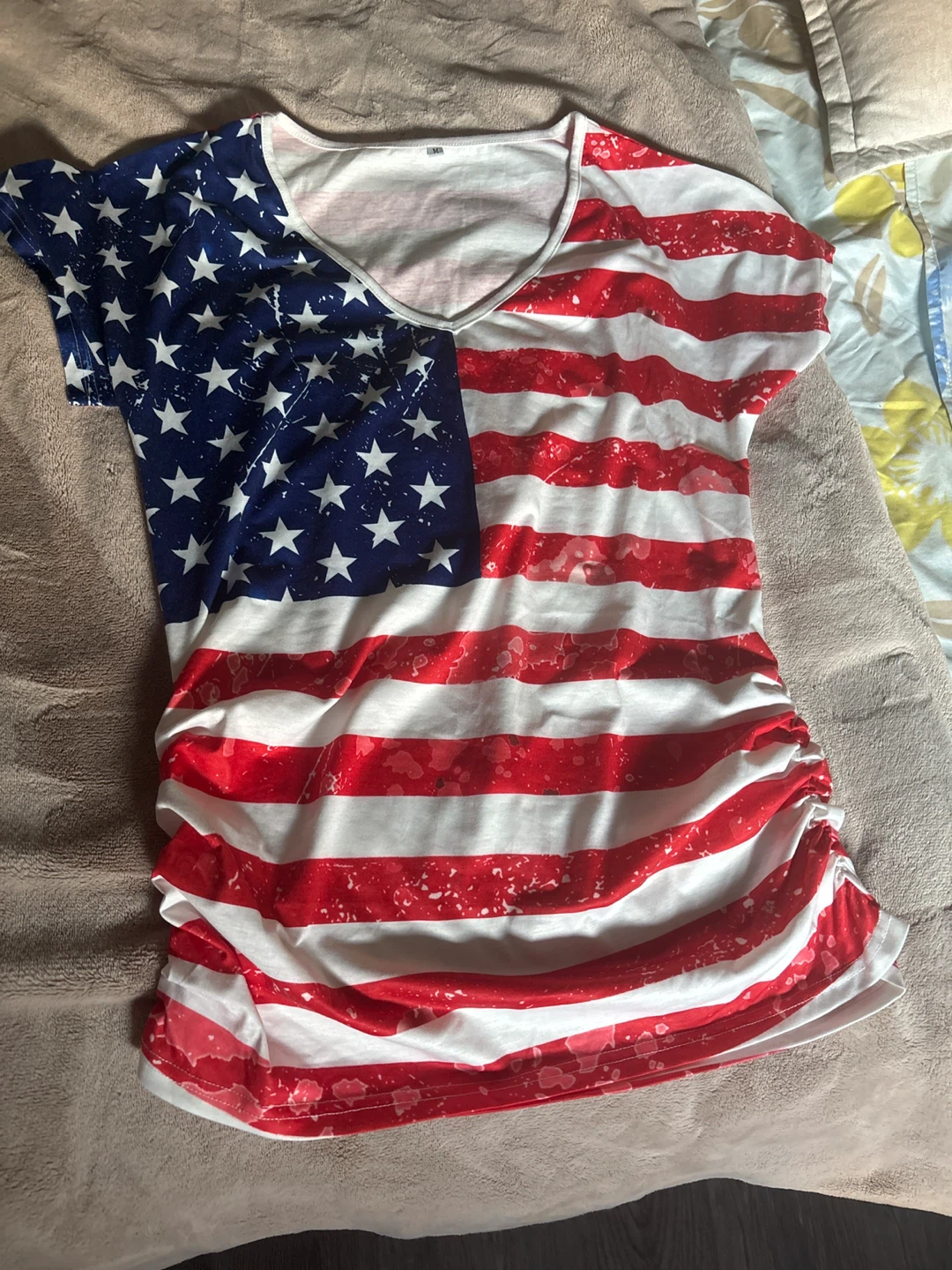 American Flag Print Ruched T-Shirt