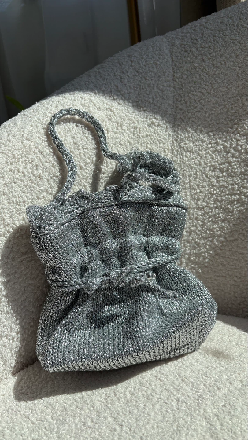 ZARA Silver Metallic Drawstring Pouch Bag