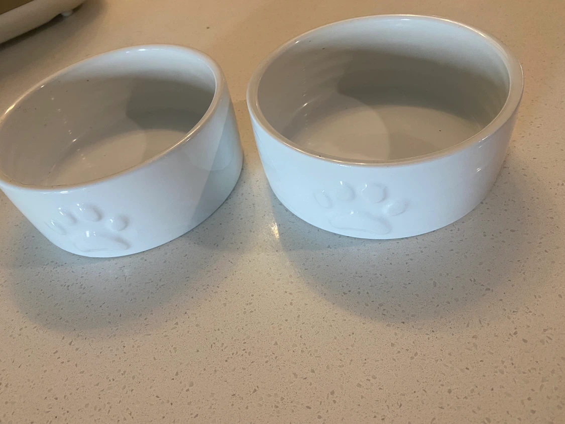 White Ceramic Pet Bowls with Paw Prints - Set of 2