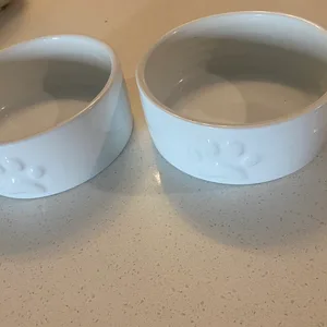 White Ceramic Pet Bowls with Paw Prints - Set of 2