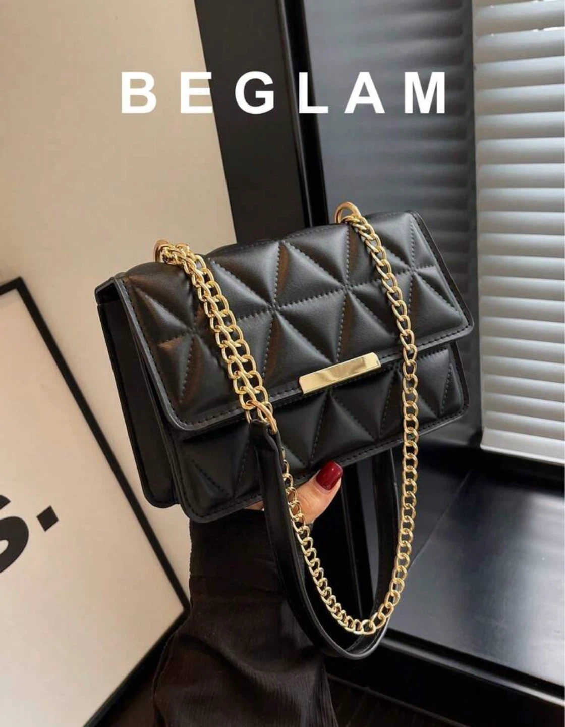 BEGLAM Black Quilted Chain Shoulder Bag