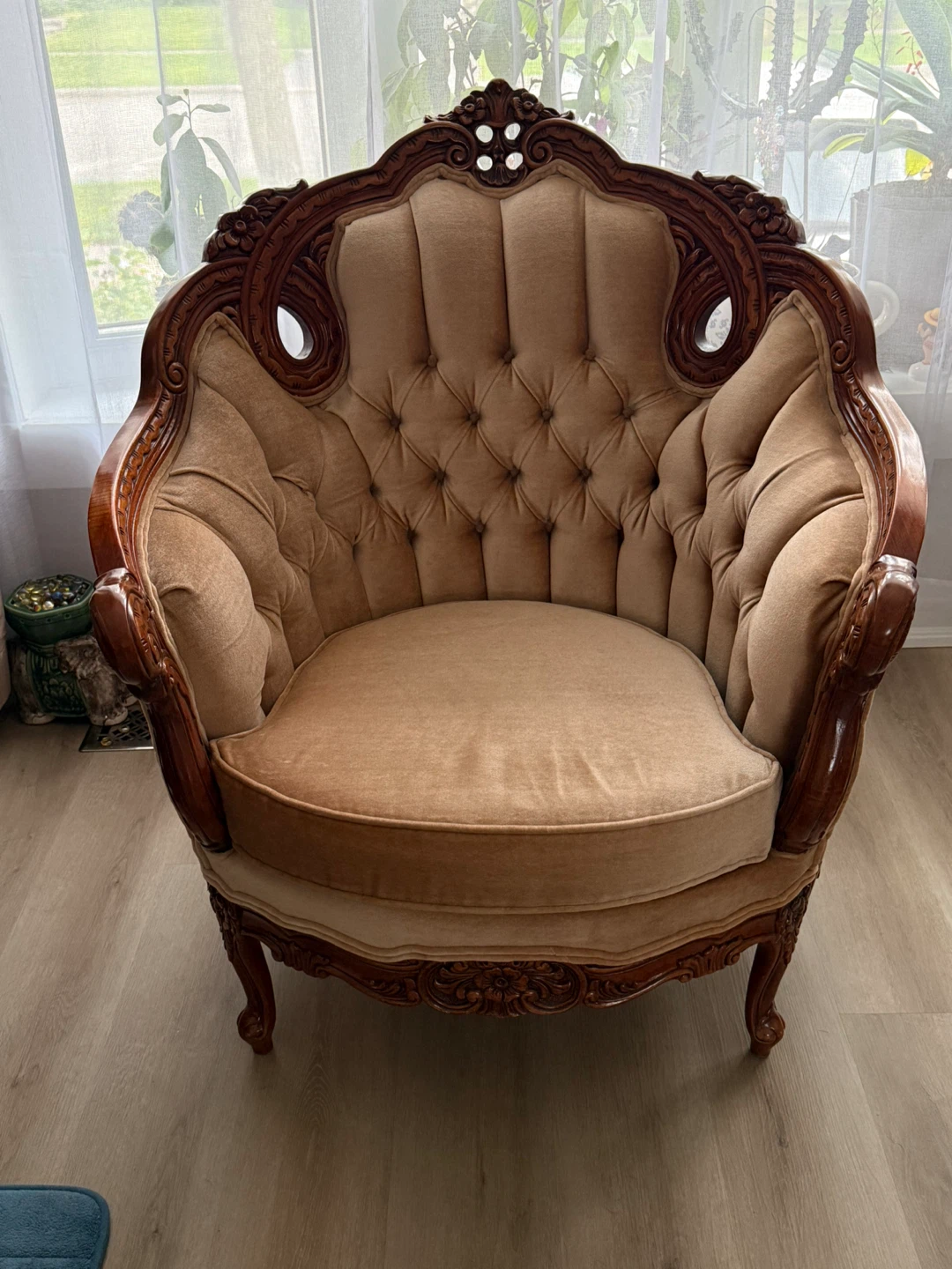 Vintage Accent Chair with Carved Wood