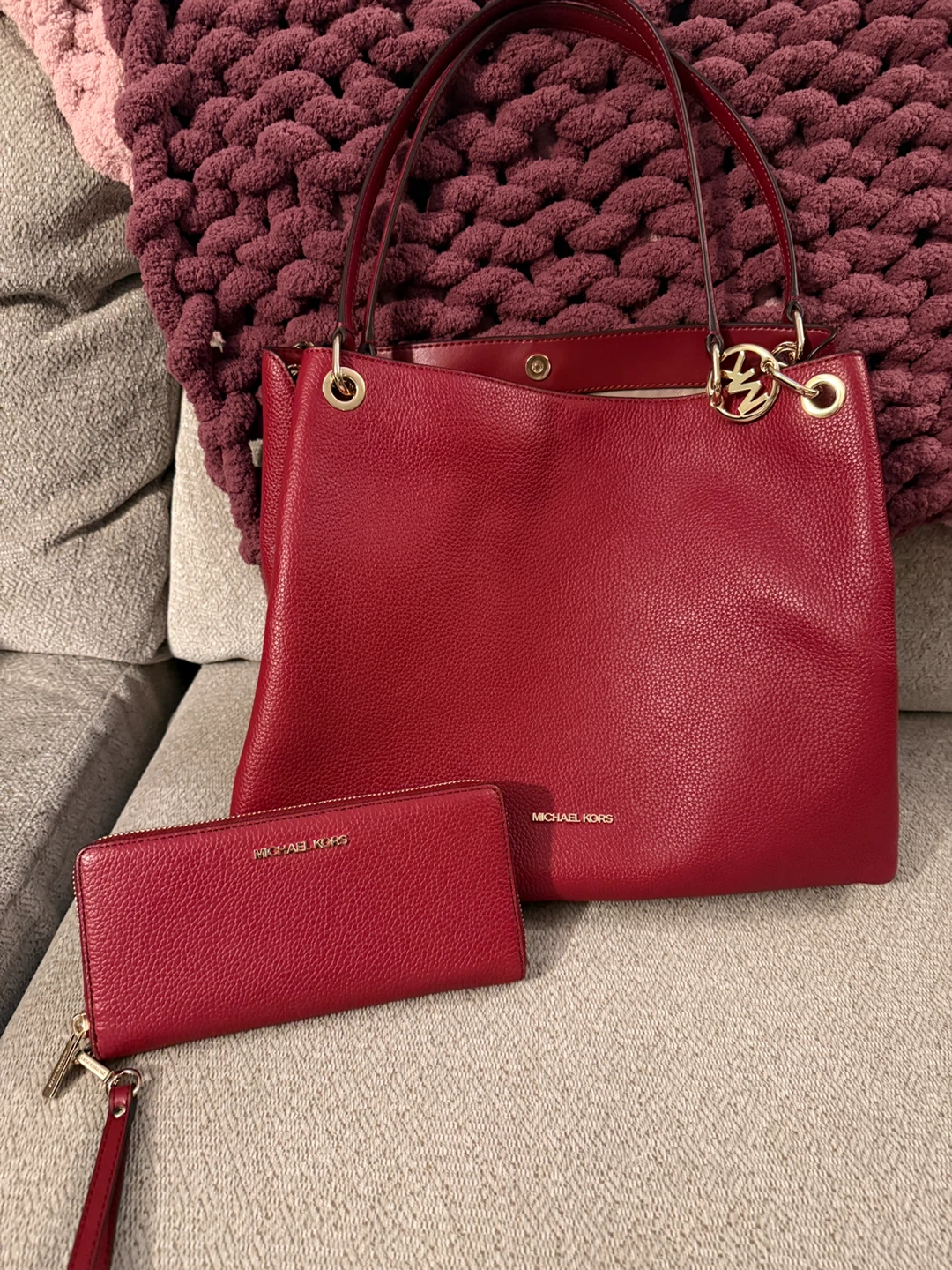 Michael Kors Red Leather Handbag and Wallet Set