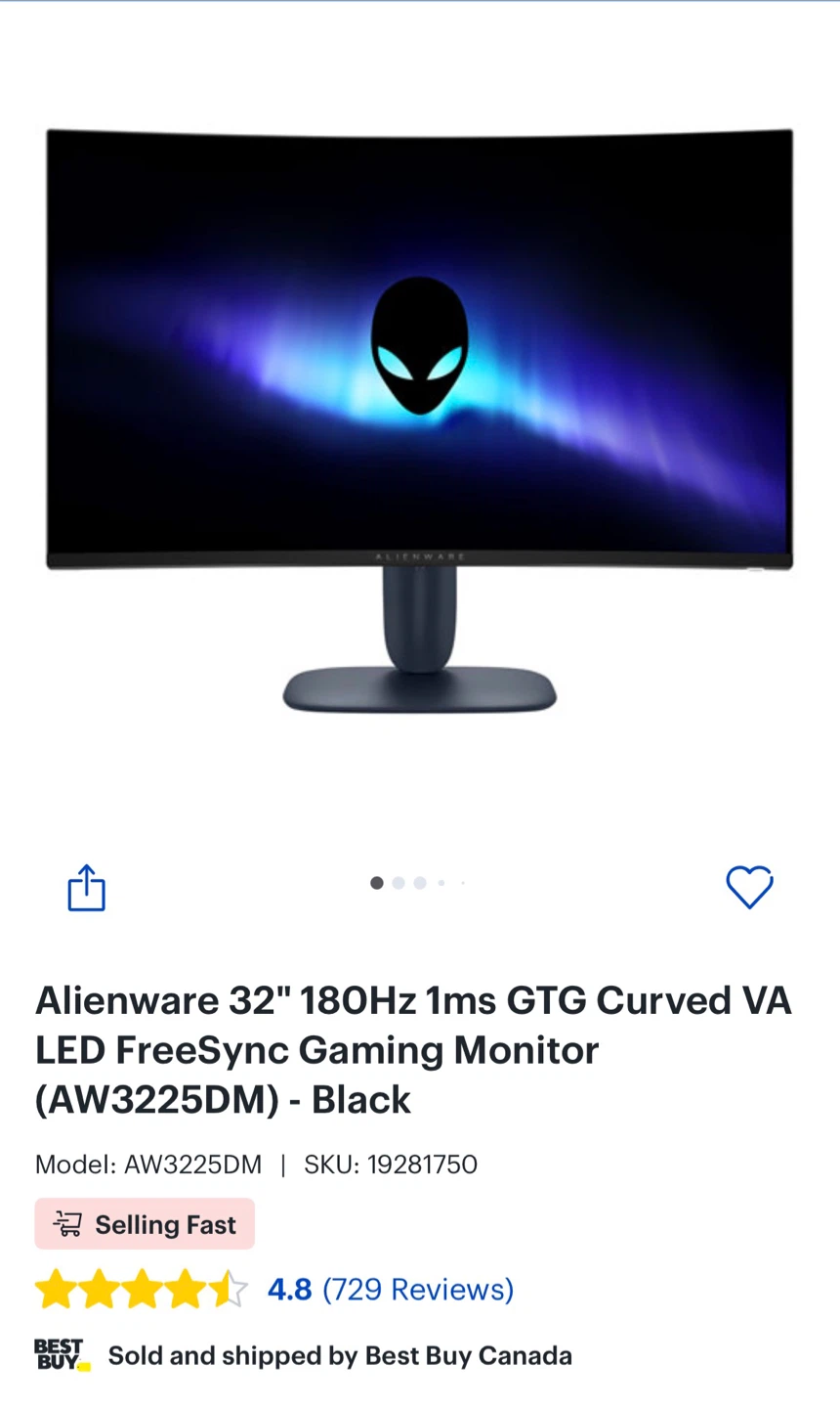 Alienware 32" 180Hz 1ms GTG Curved VA Gaming Monitor (AW3225DM)