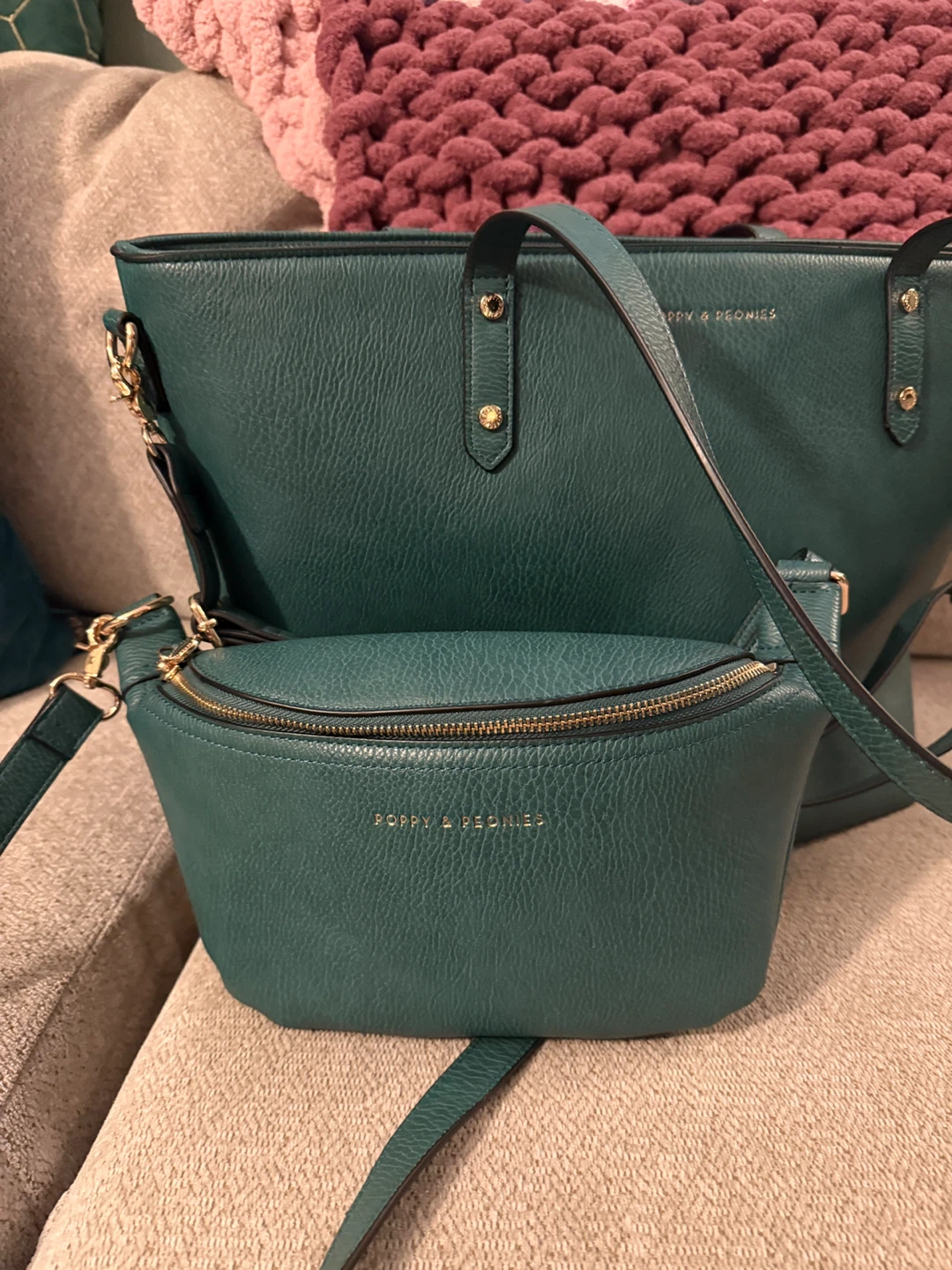 Poppy & Peonies Tote Bag and Fanny Pack Set - Teal