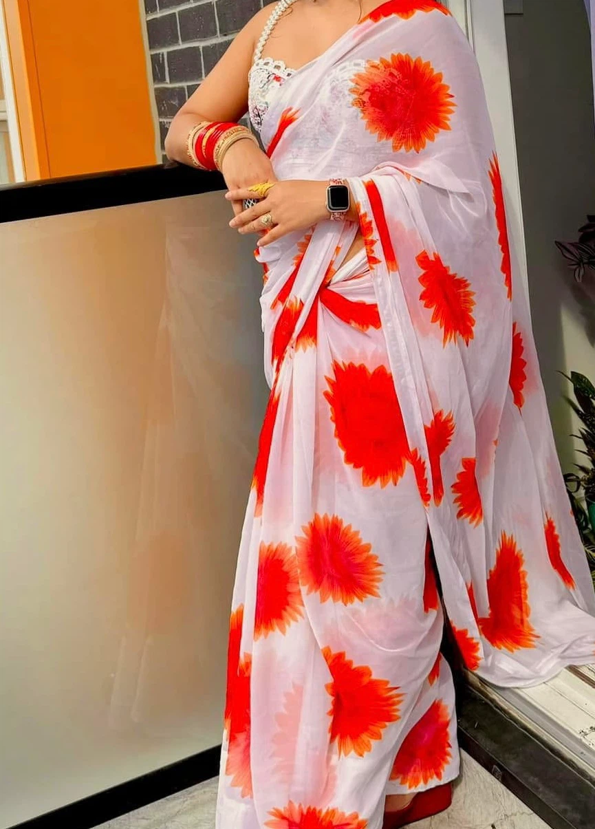 White Saree with Red Floral Print