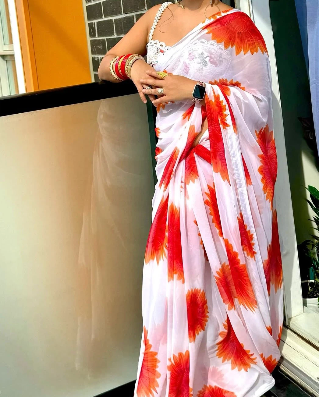 White Saree with Red Floral Print - photo 2