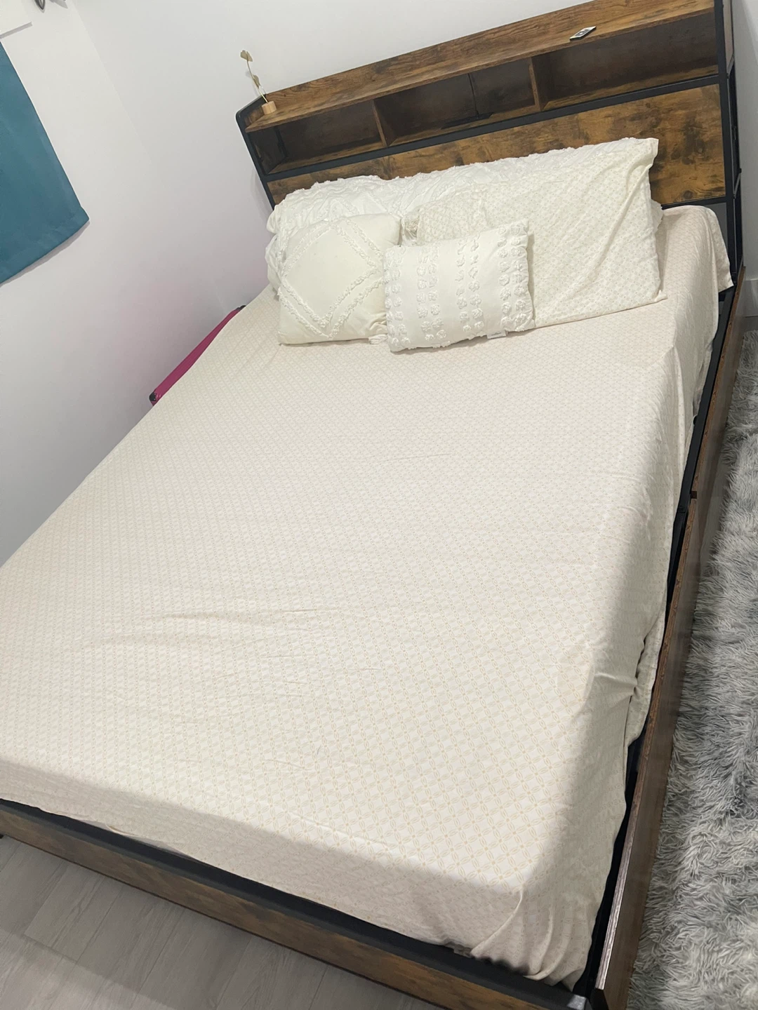 Rustic Wood and Metal Bed Frame with Storage Headboard