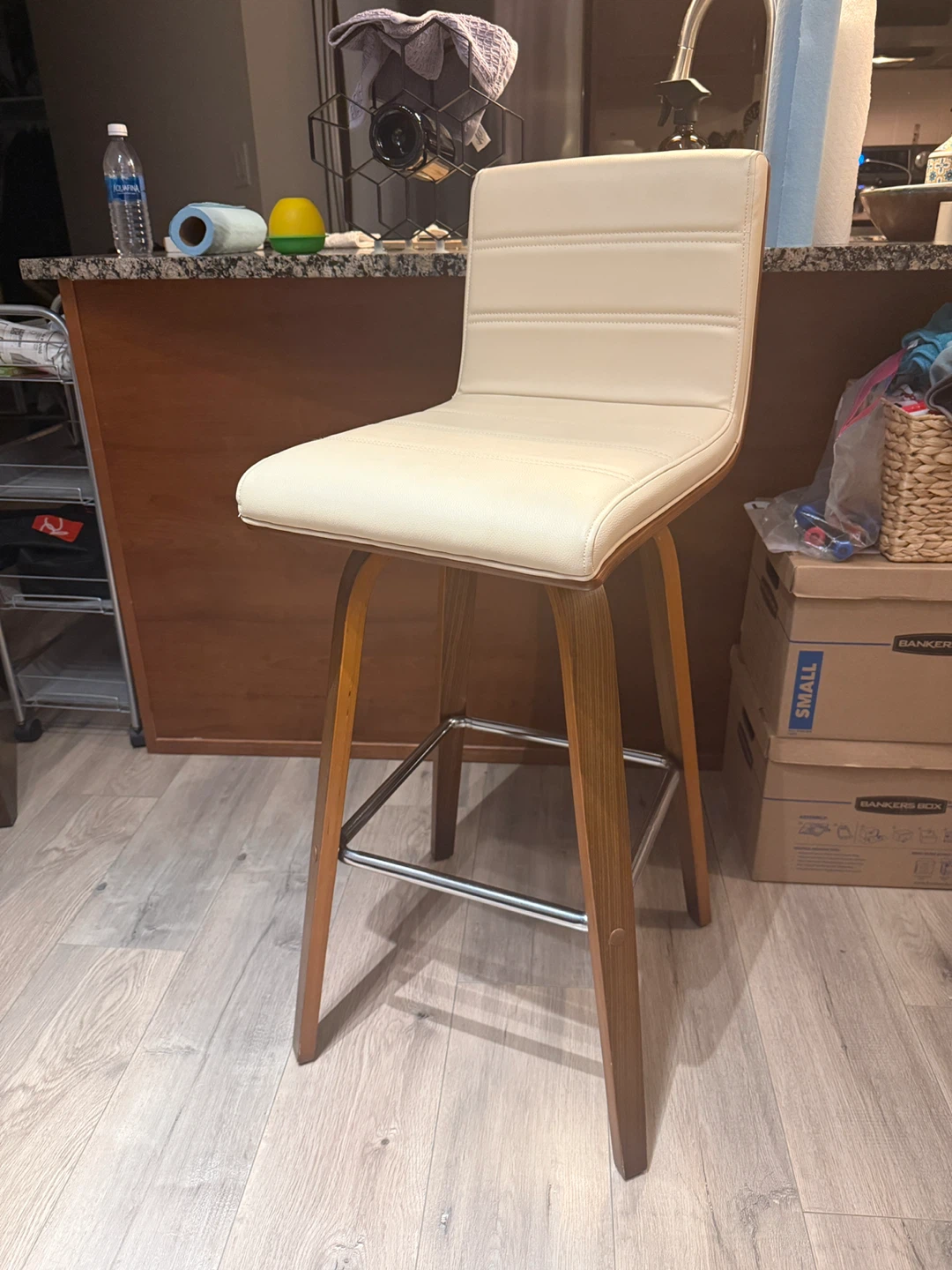 Cream Leather Swivel Bar Stool with Wood Accent