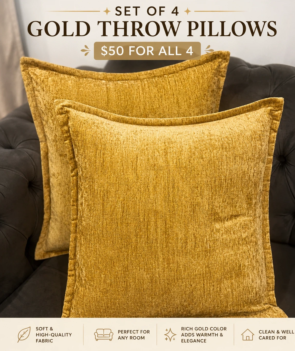 Set of 4 Luxury Gold Decorative Throw Pillows – 4 pillows = $50