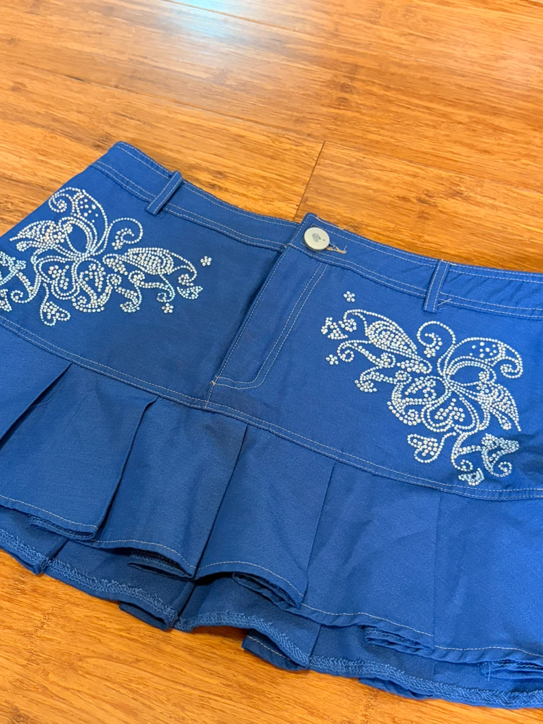 Blue Rhinestone Pleated Mini Skirt