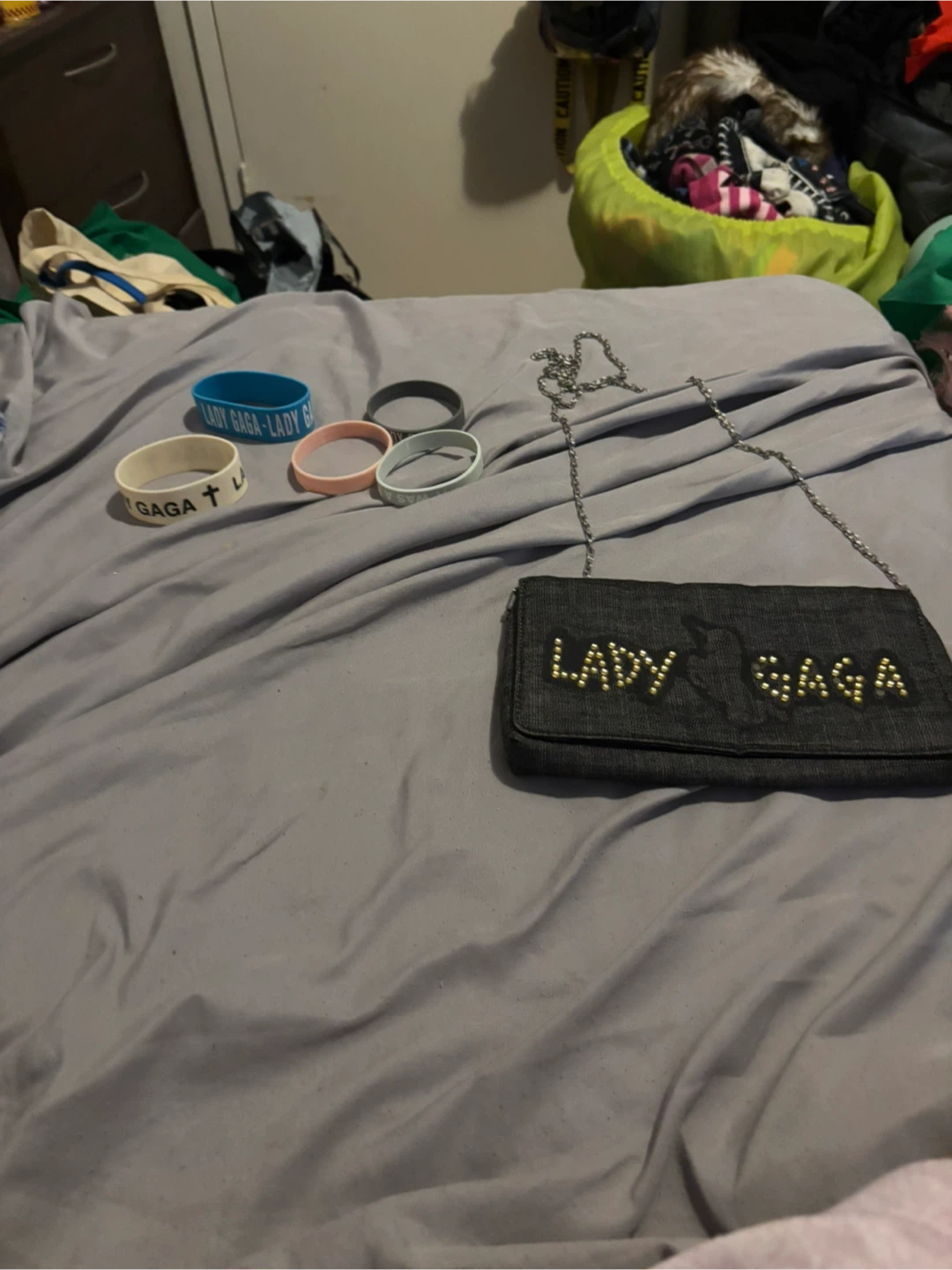 Lady Gaga Denim Clutch and Bracelets