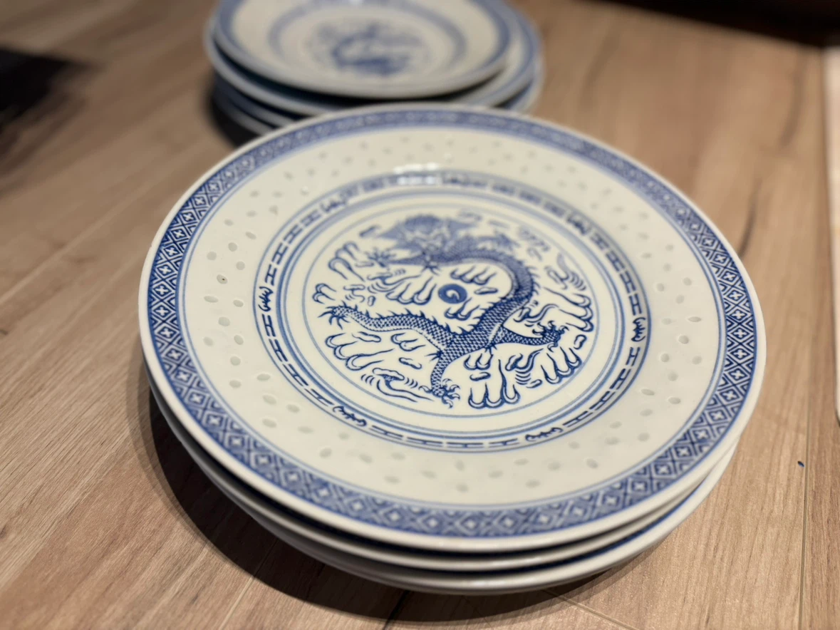 Vintage blue white dragon rice porcelain plates and bowls