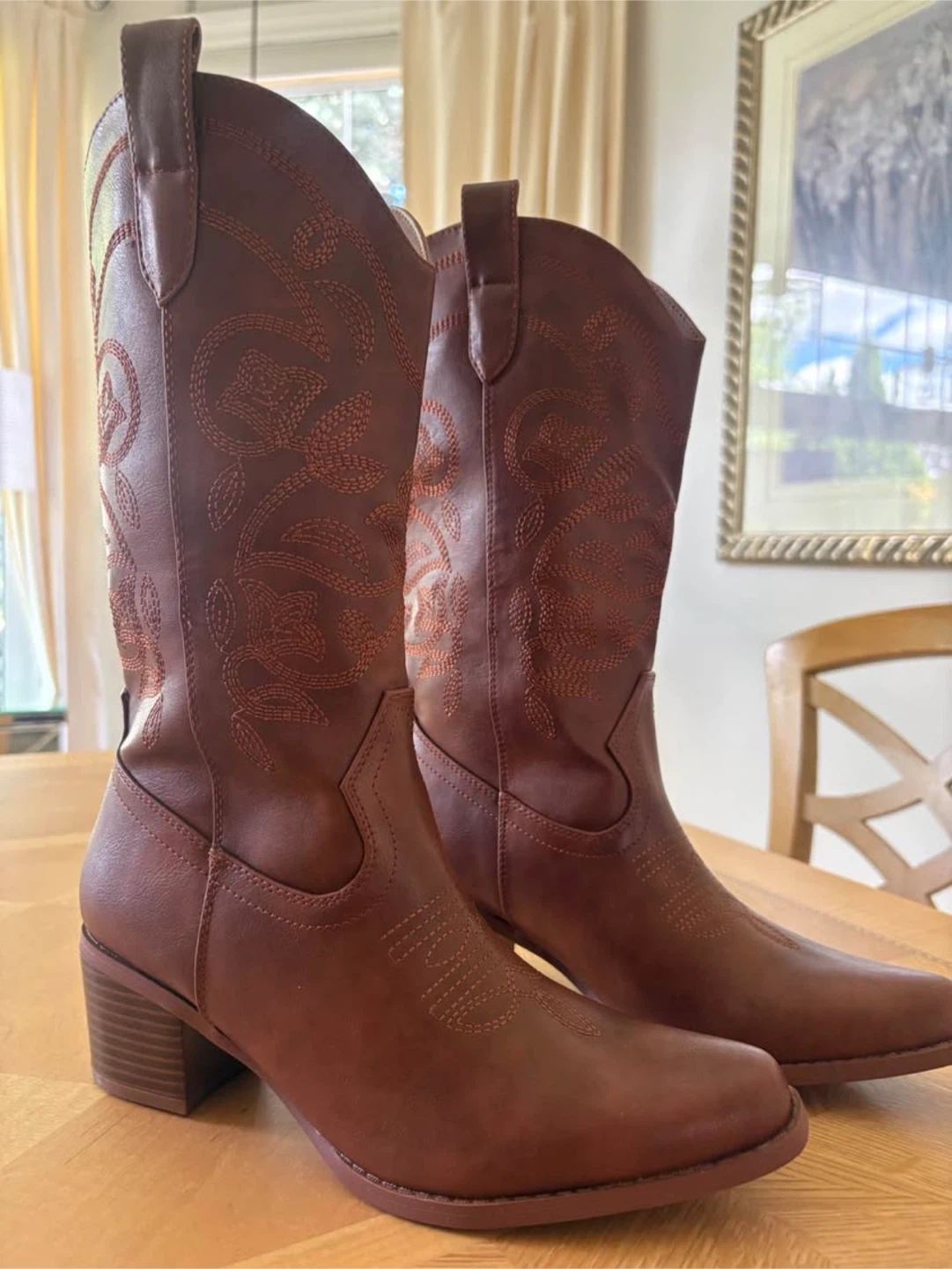 Brown Faux Leather Cowboy Boots- Size 8.5