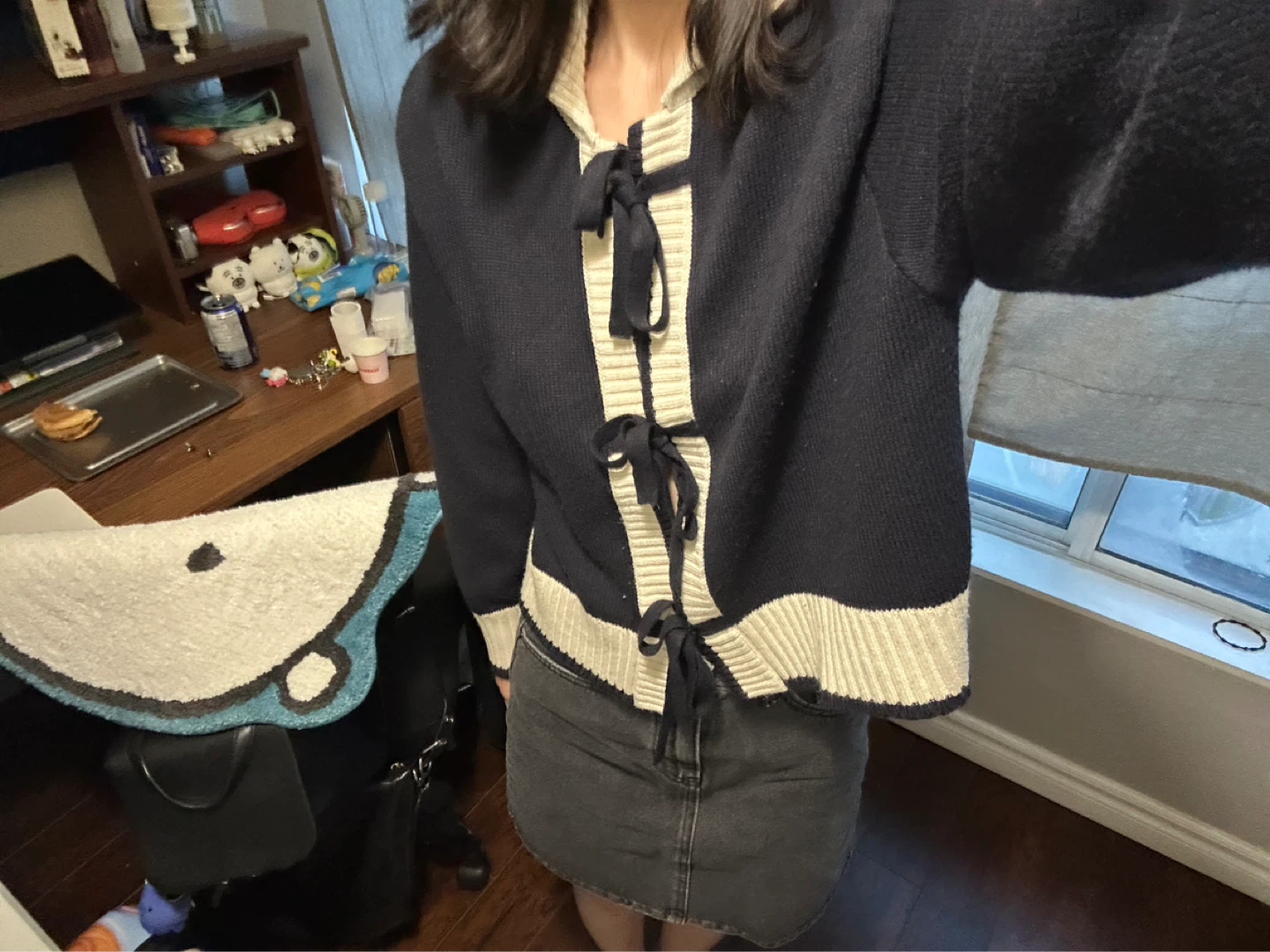 Navy Knit Cardigan and Charcoal Denim Skirt Set