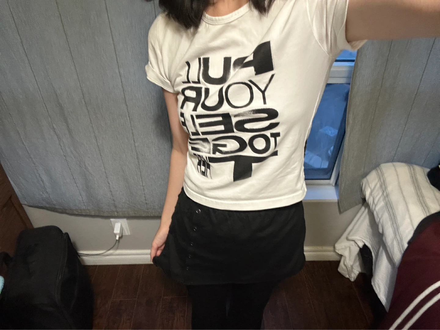 White Graphic T-Shirt and Black Wrap Skirt Pants Set