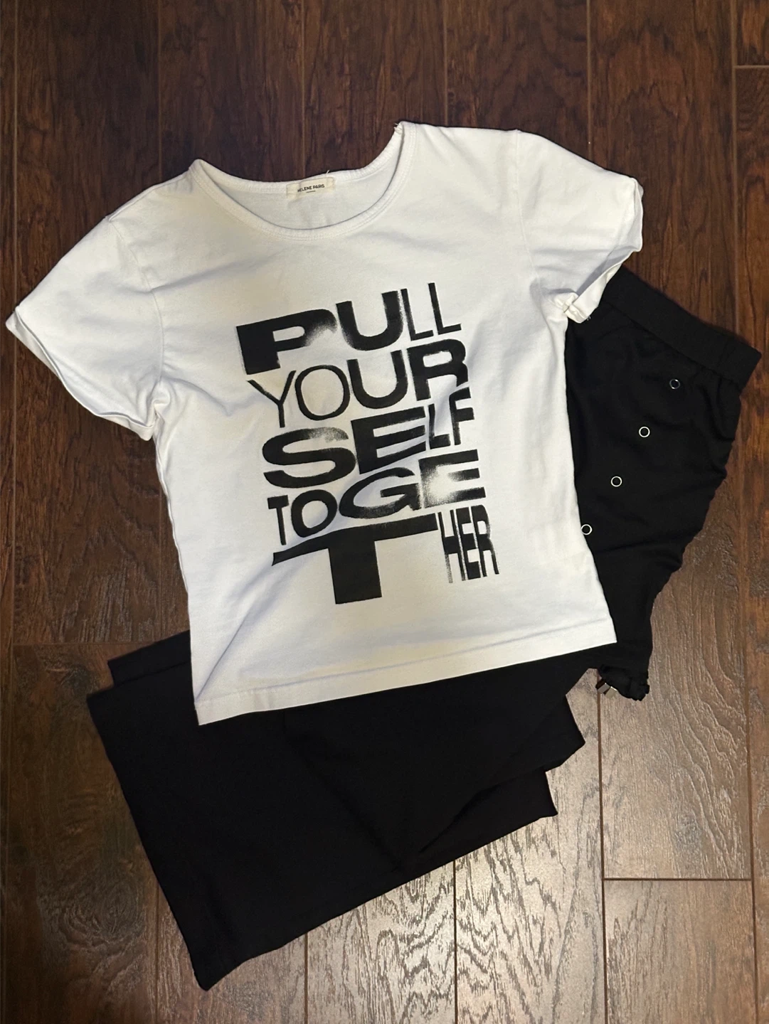 White Graphic T-Shirt and Black Wrap Skirt Pants Set - photo 2
