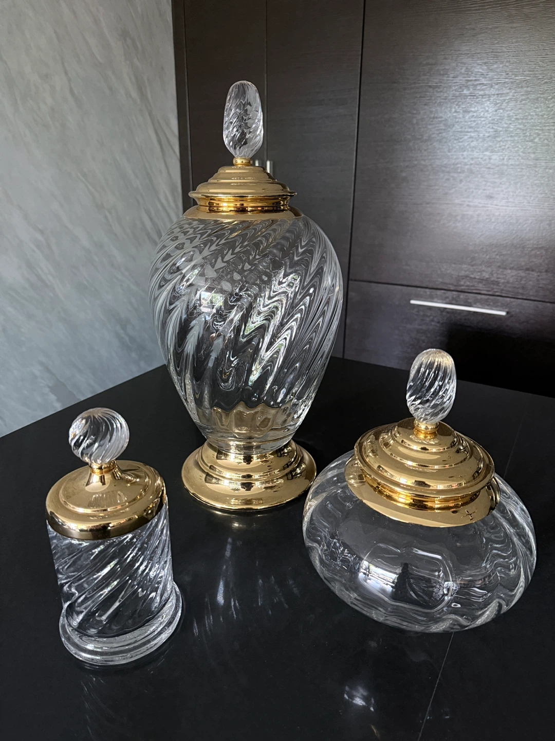Set of 3 Crystal Glass Decorative Jars with Gold Lids