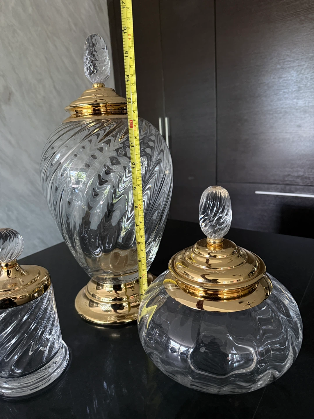 Set of 3 Crystal Glass Decorative Jars with Gold Lids - photo 2