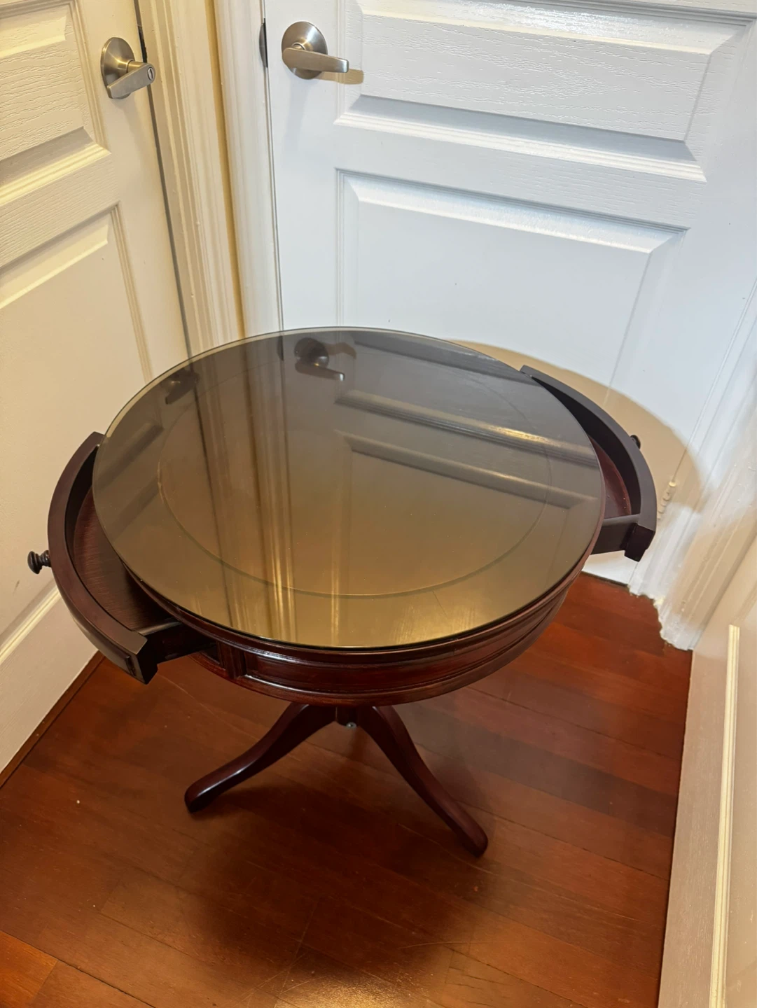 Round Cherry Wood Accent Table with Drawer and Glass Top