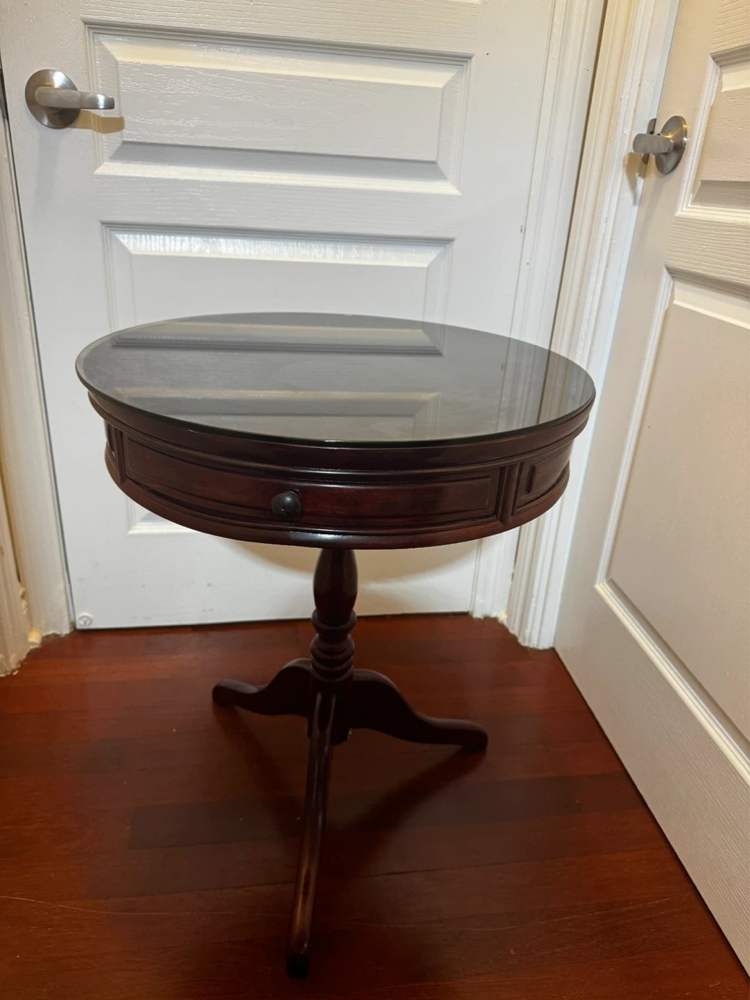 Round Cherry Wood Accent Table with Drawer and Glass Top - photo 3