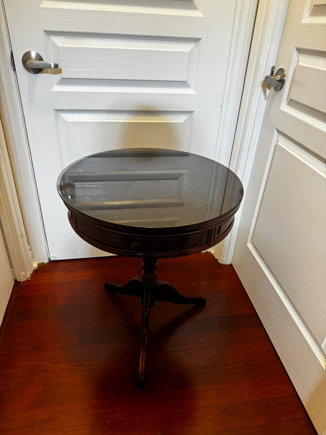 Round Cherry Wood Accent Table with Drawer and Glass Top - photo 2