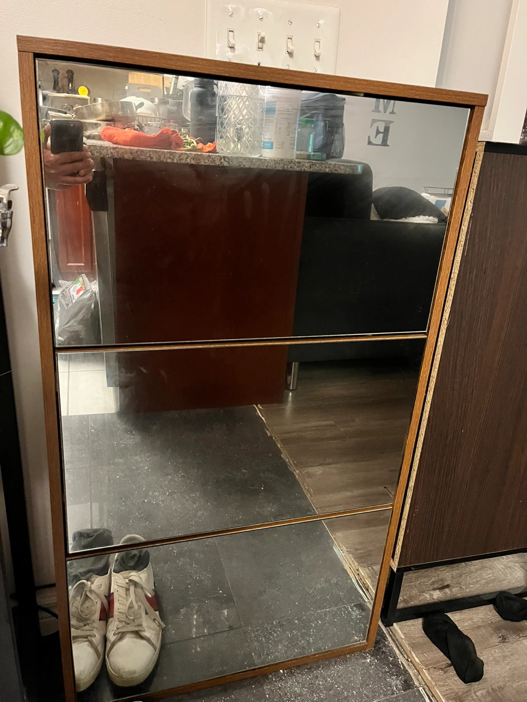 Wooden Shoe Cabinet with Mirrored Doors