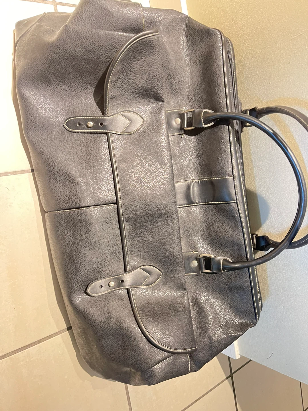 Gray Faux Leather Duffle Bag