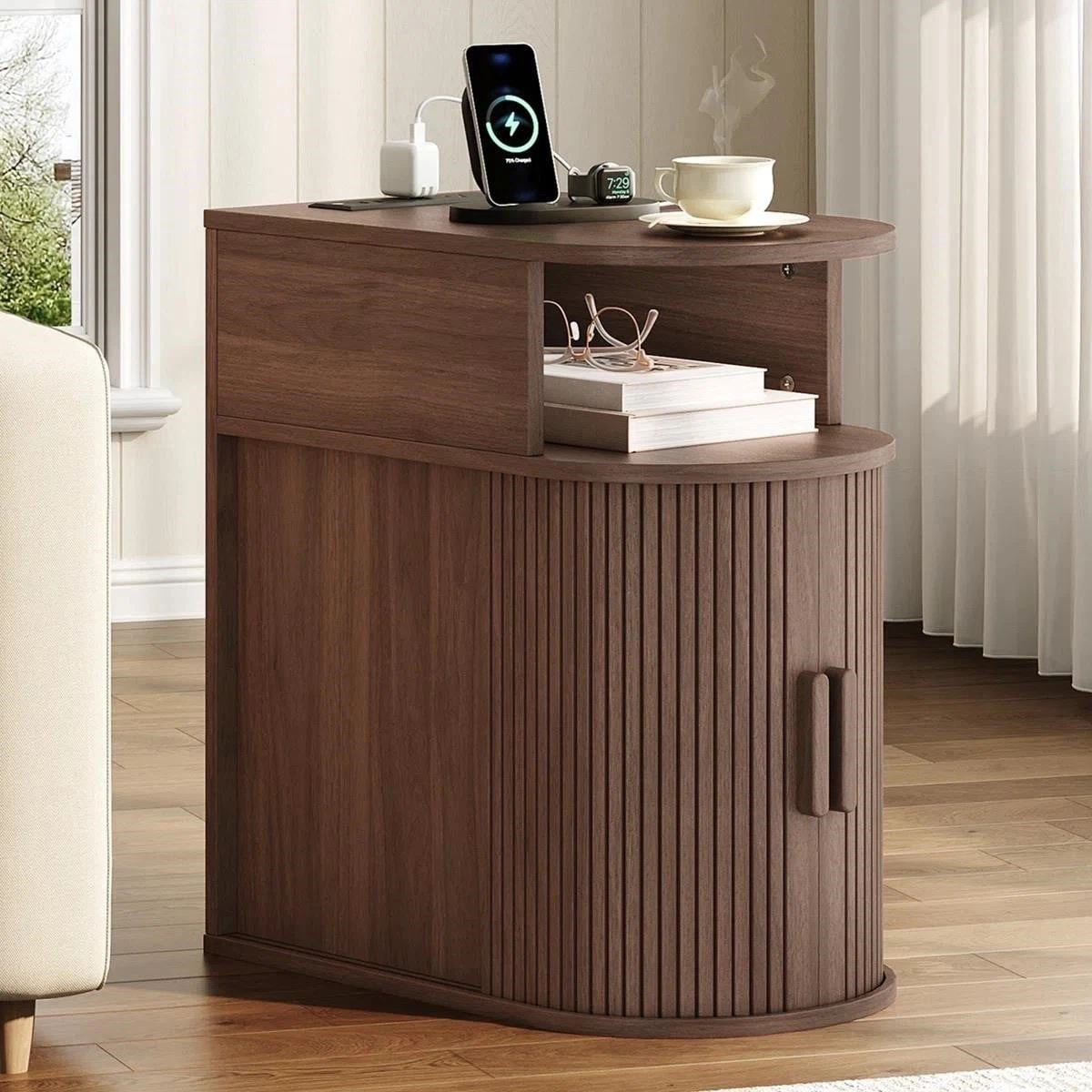 Wooden Bedside Table with Sliding Doors