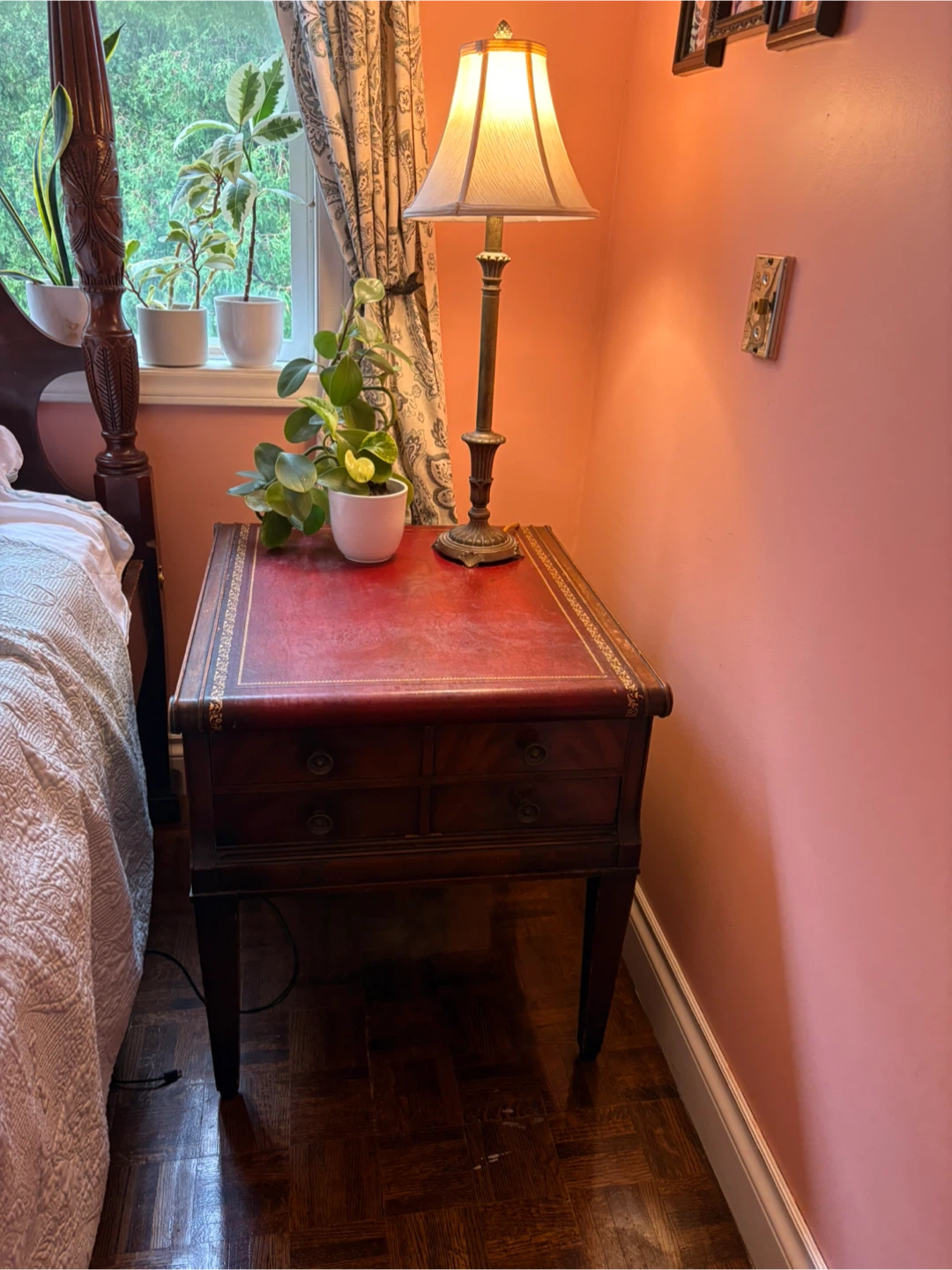 Vintage End Table with Red Leather Top