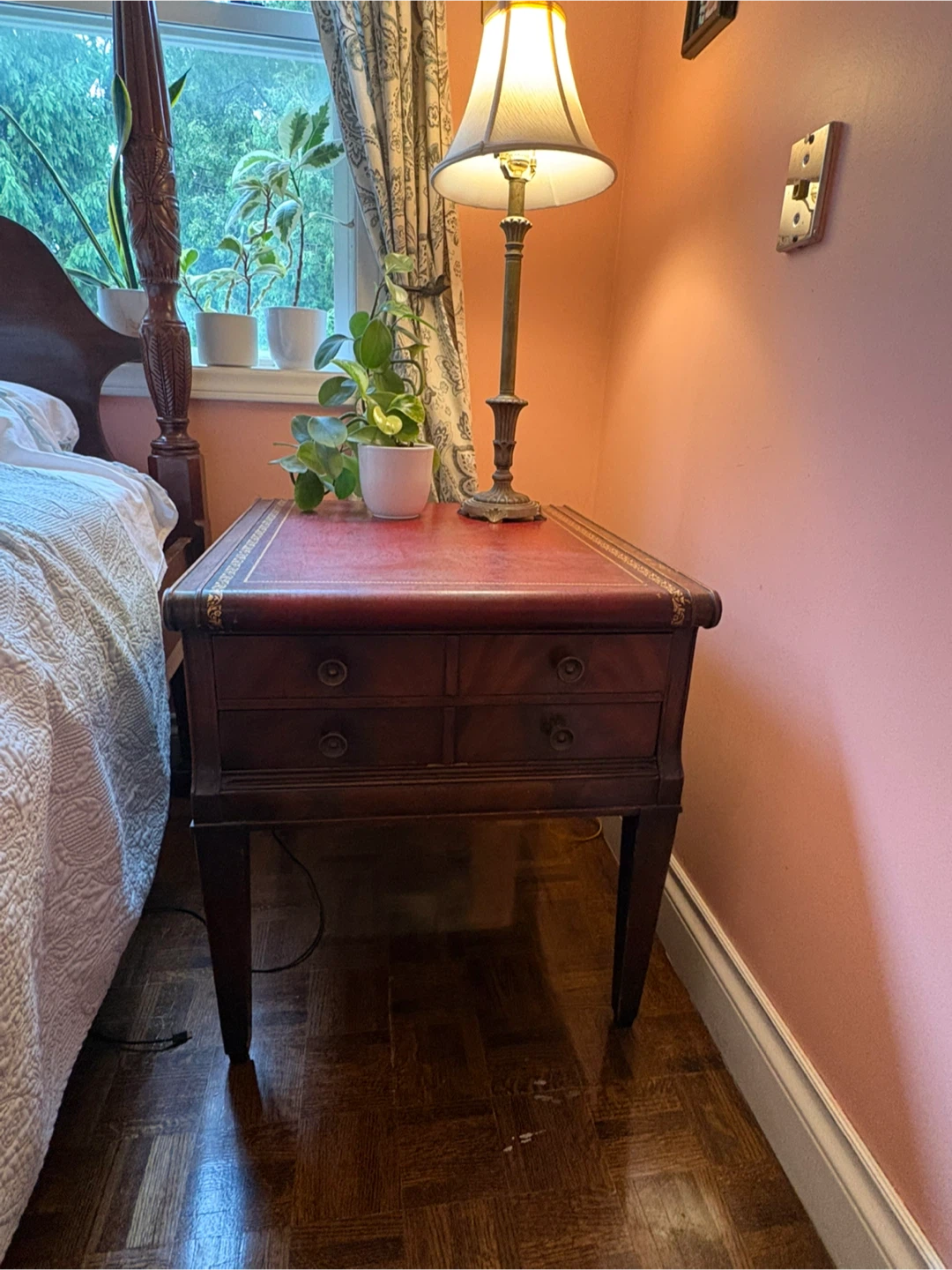Vintage End Table with Red Leather Top - photo 2