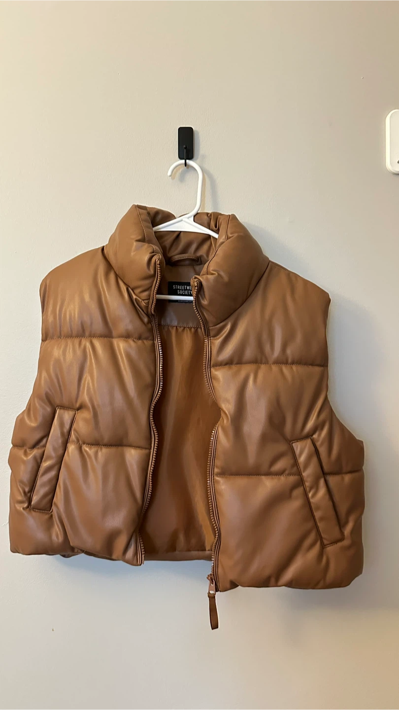 Faux Leather High Neck Puffer Vest - Brown