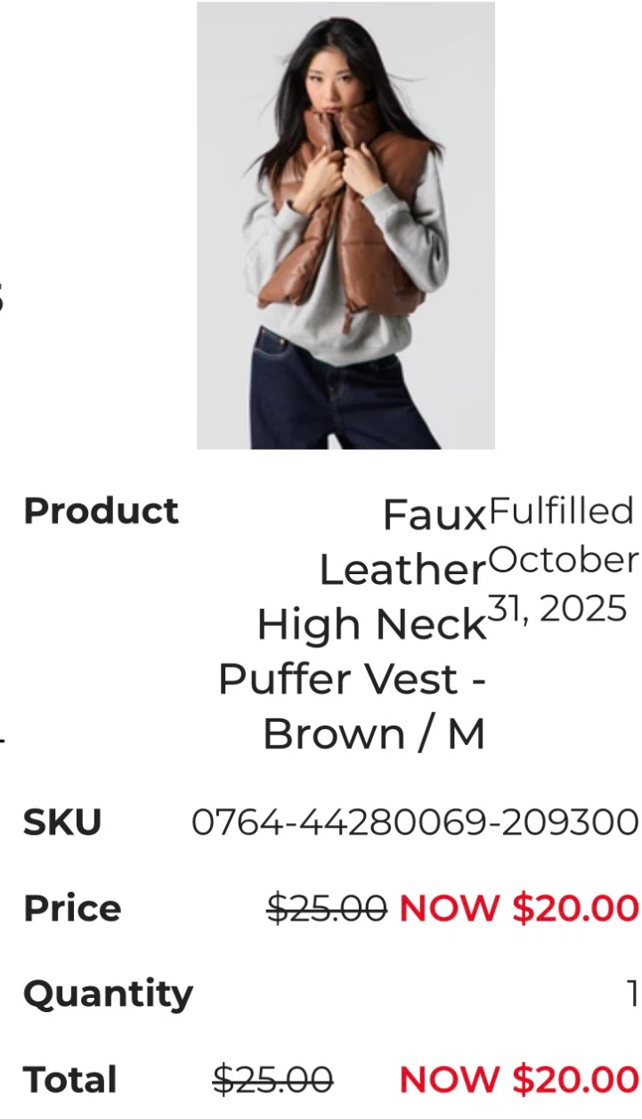 Faux Leather High Neck Puffer Vest - Brown - photo 2