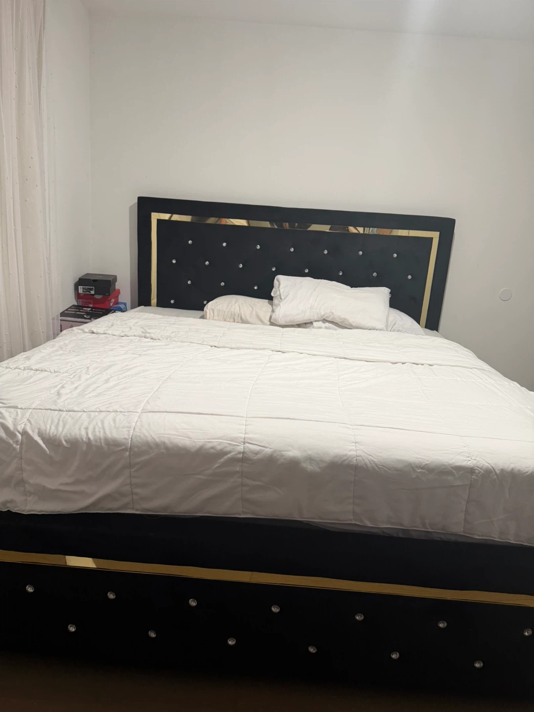 Black Velvet Queen Bed Frame with Crystal Accents
