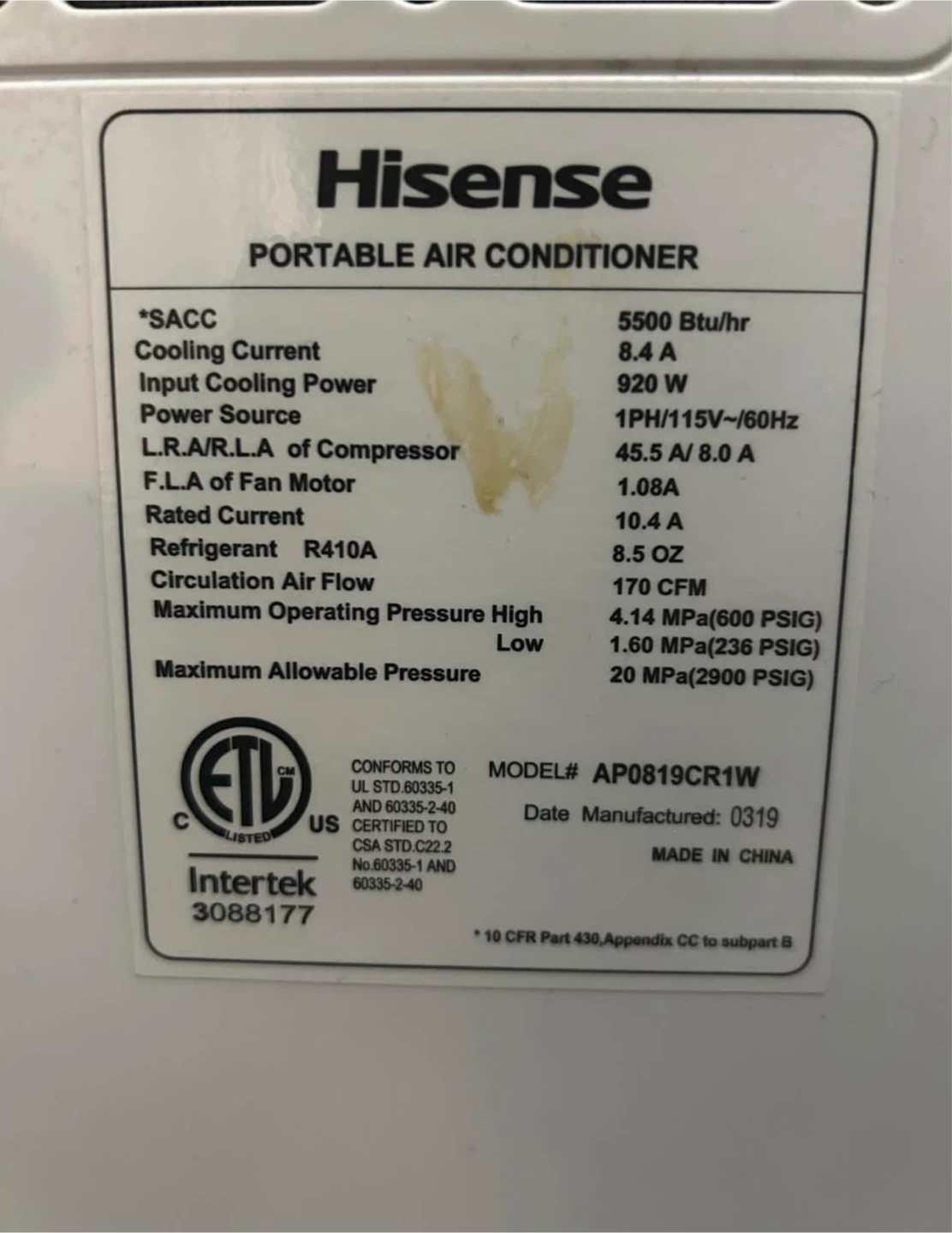 Hisense Portable Air Conditioner - photo 2