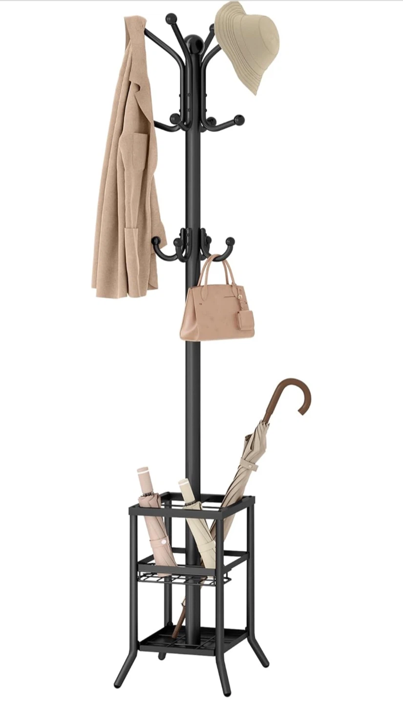 Black Metal Coat Rack with Umbrella Stand and Storage Shelve