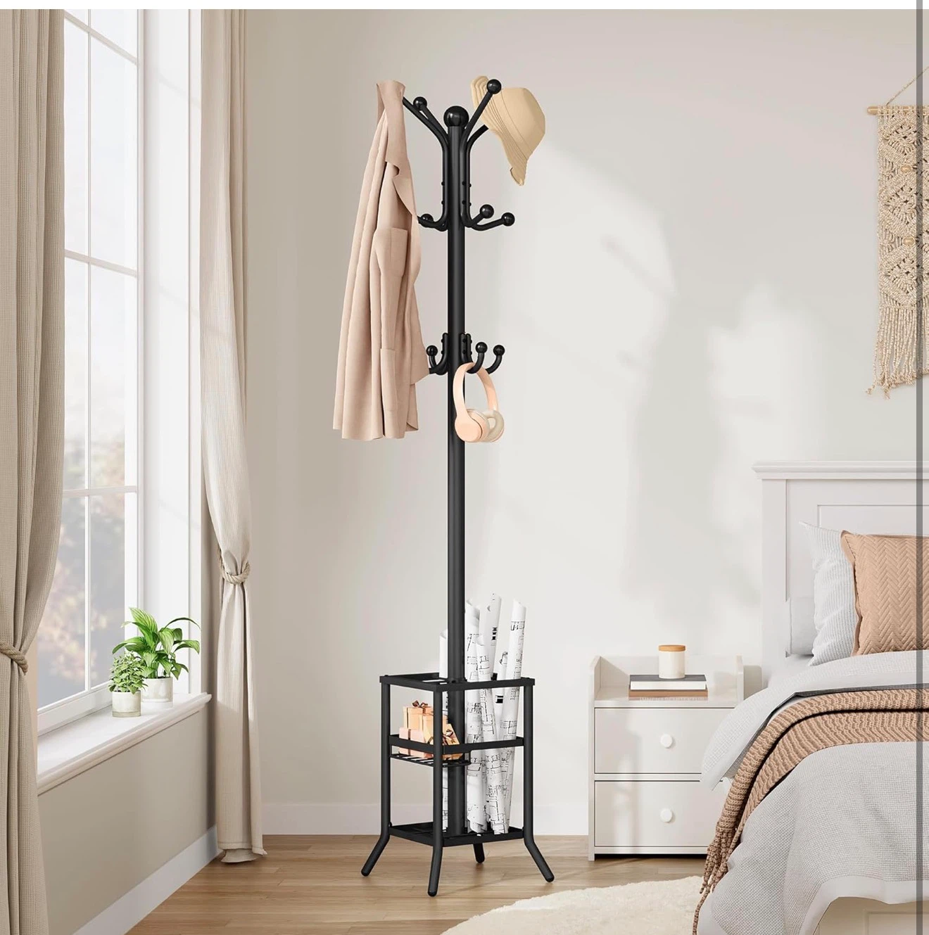 Black Metal Coat Rack with Umbrella Stand and Storage Shelve - photo 2