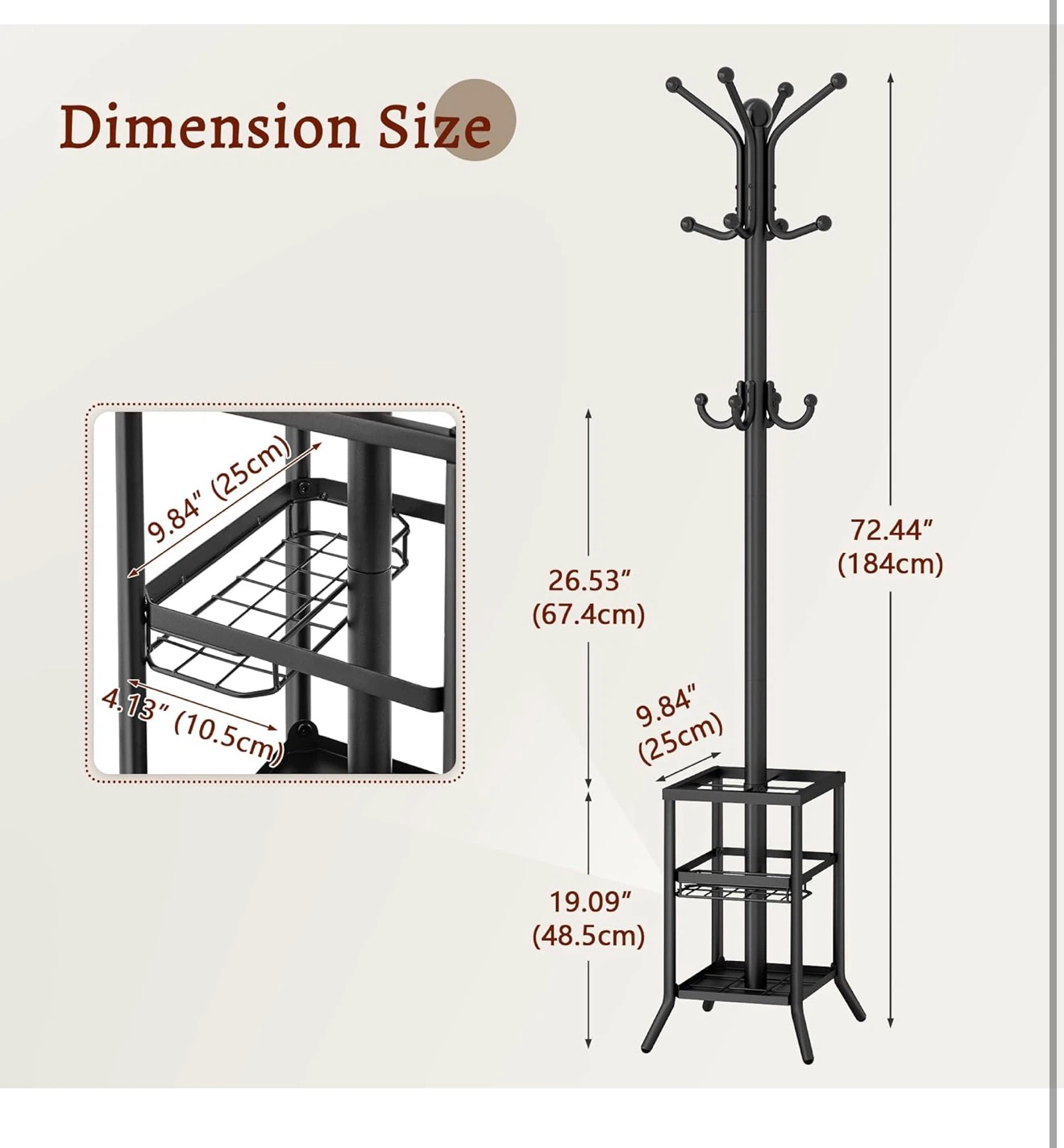 Black Metal Coat Rack with Umbrella Stand and Storage Shelve - photo 3