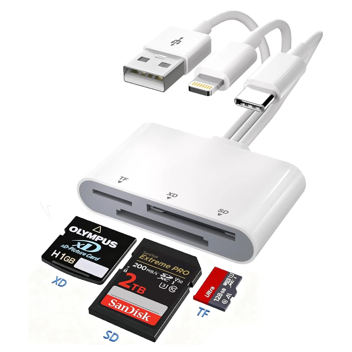 Brand New OTG XD Card Reader SD/TF/XD — Lightning/USBC/USB A