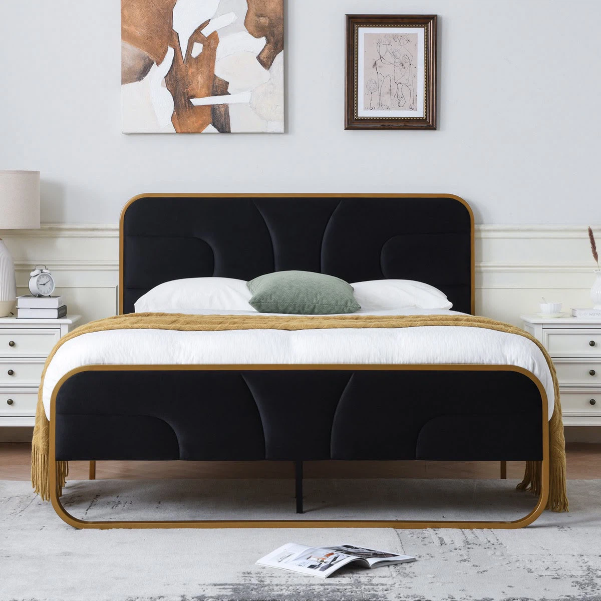 Black Velvet Bed Frame with Gold Trim