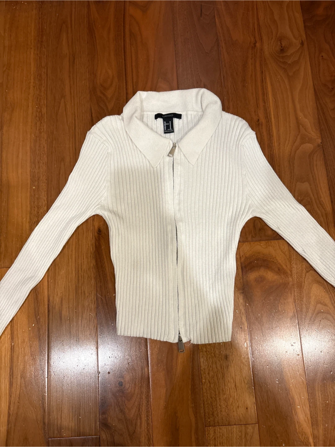 White Ribbed Zip-Up Sweater