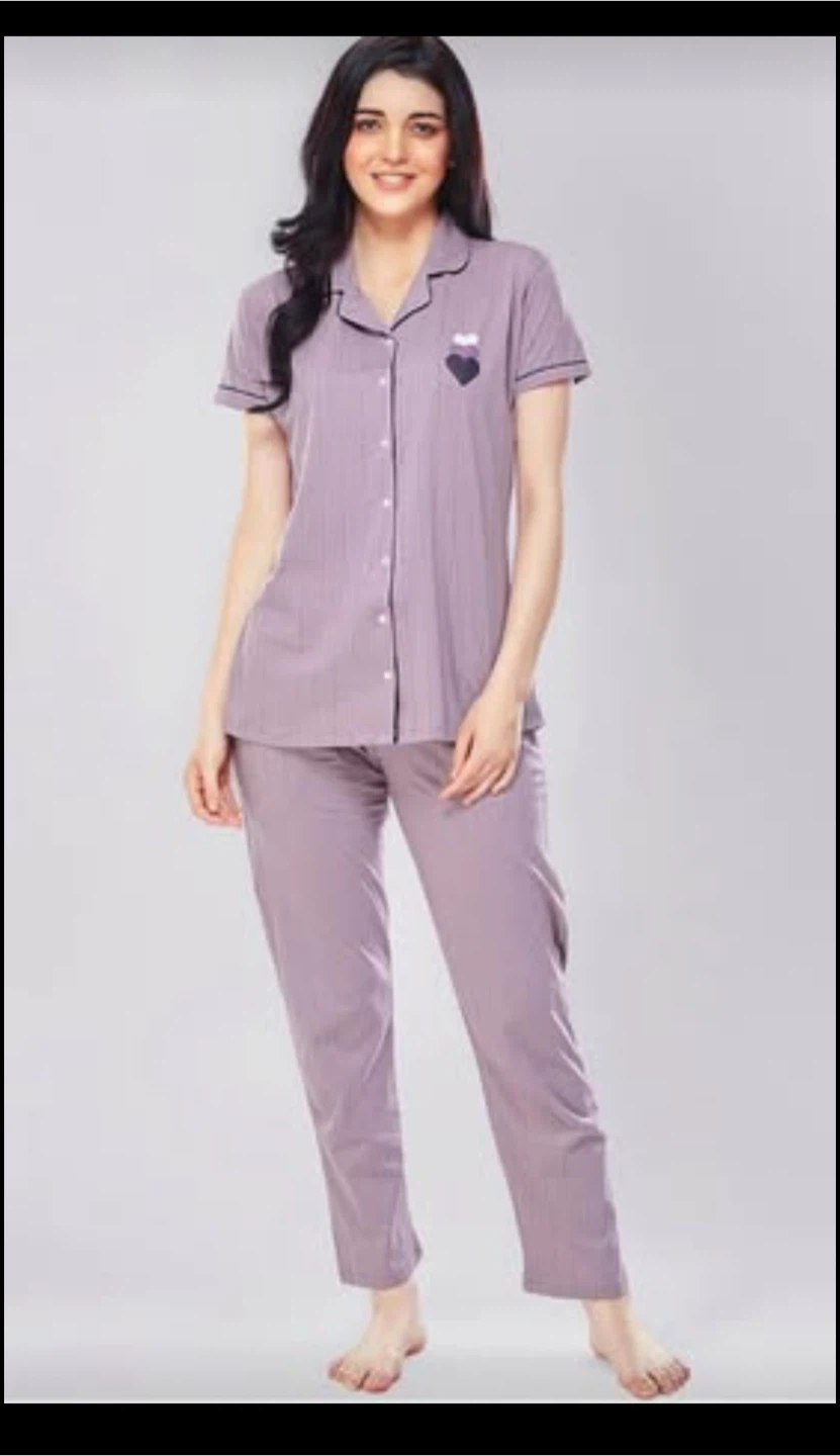 Cotton pajama set very comfortable - Purple Striped Heart Size