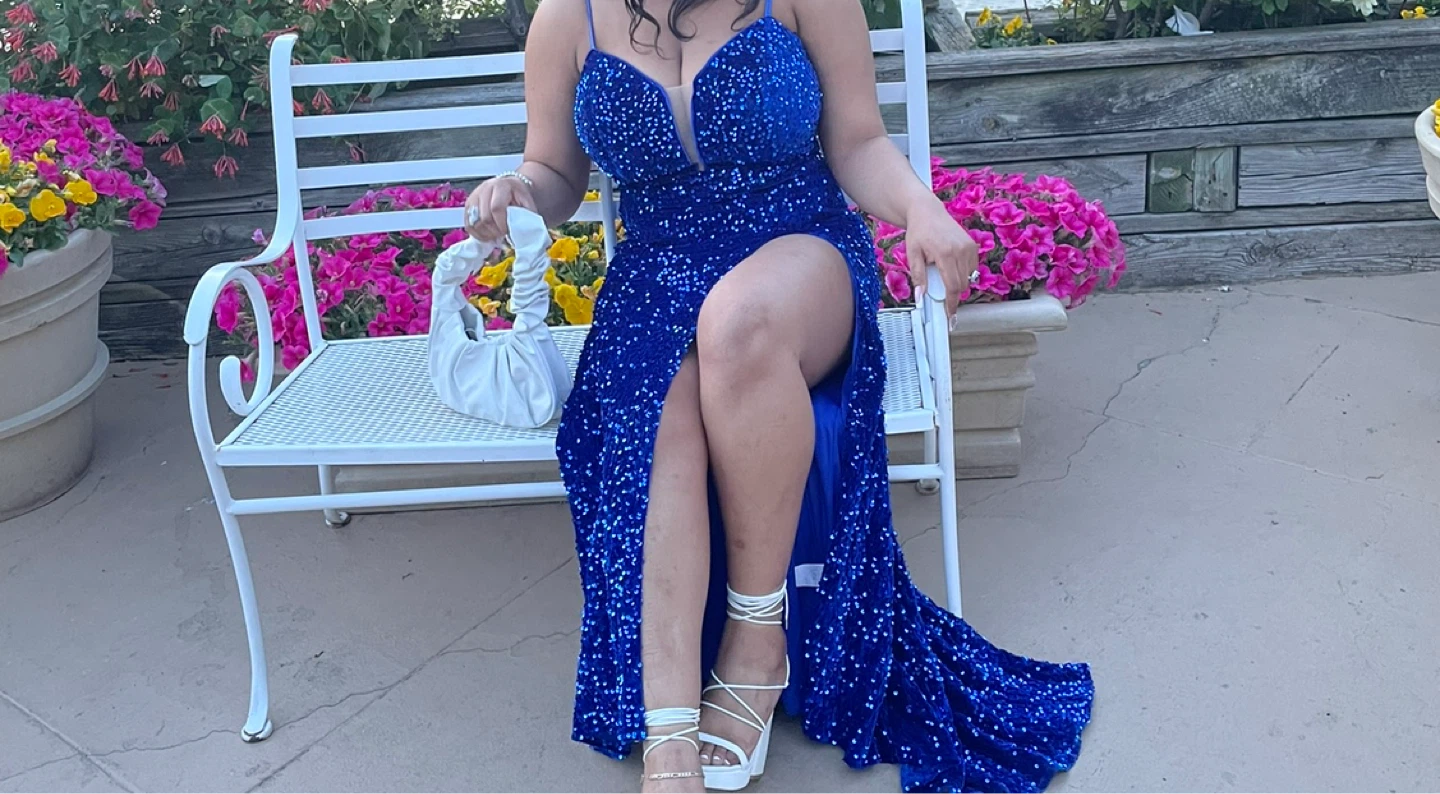 Royal Blue Sequin Gown with High Slit - photo 3