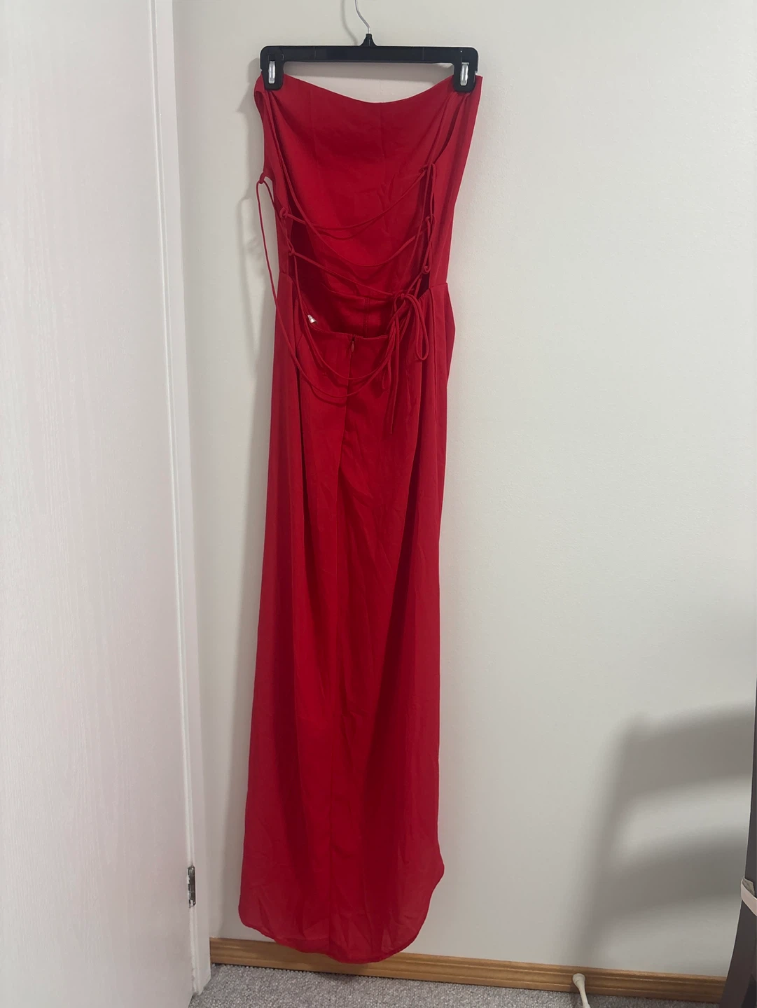 Red Strapless Maxi Dress with Lace-Up Back - photo 3