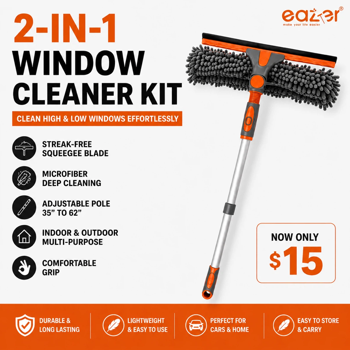 Brand new Eazer 2-in-1 window cleaning kit with extension pole
