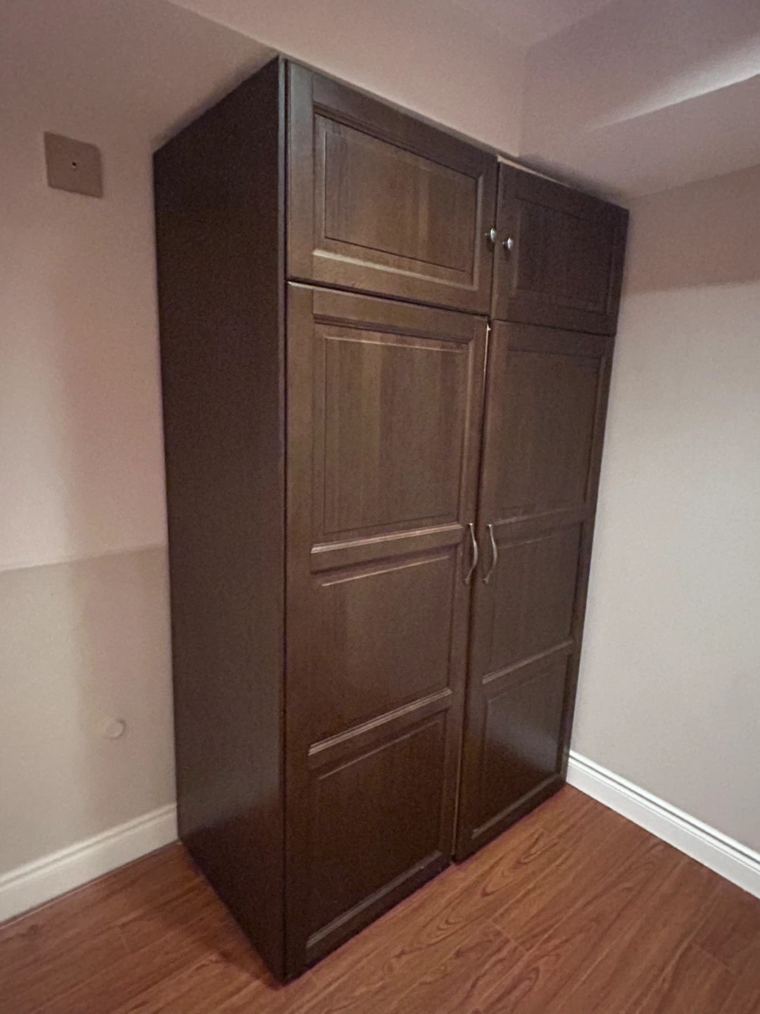 Dark Brown Tall Pantry Cabinet with Shelves and Baskets